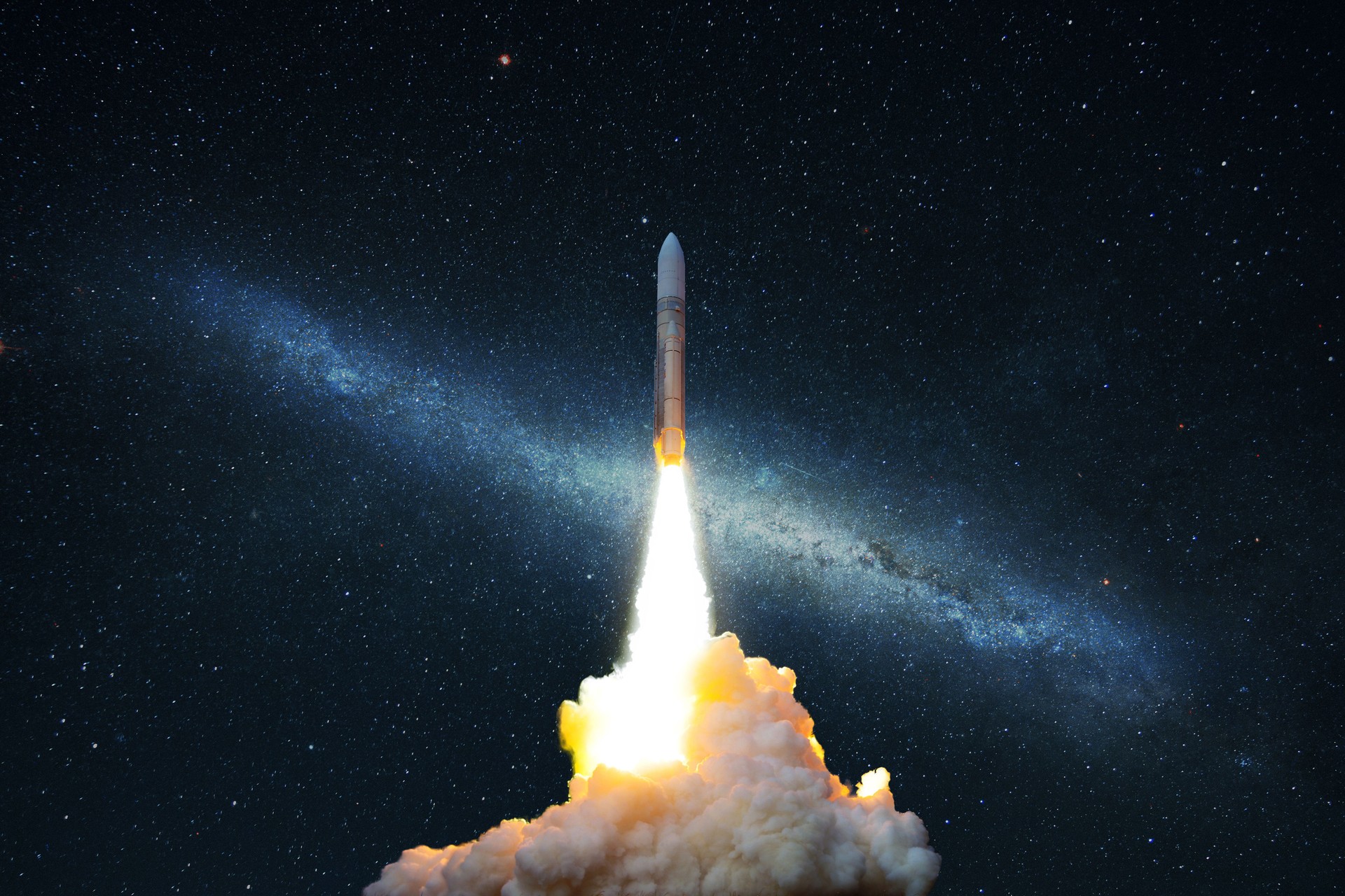 Spacecraft flies up into the starry sky. Rocket with smoke flies into space. Space Shuttle